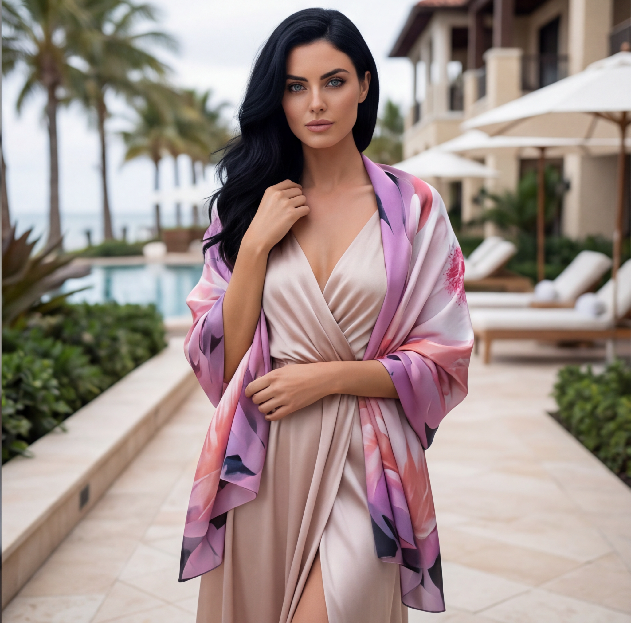  Petrichor Fine Art Limited Edition Pink Susara luxury silk shawl with embossed protea design in 85gsm Mulberry Silk Satin.