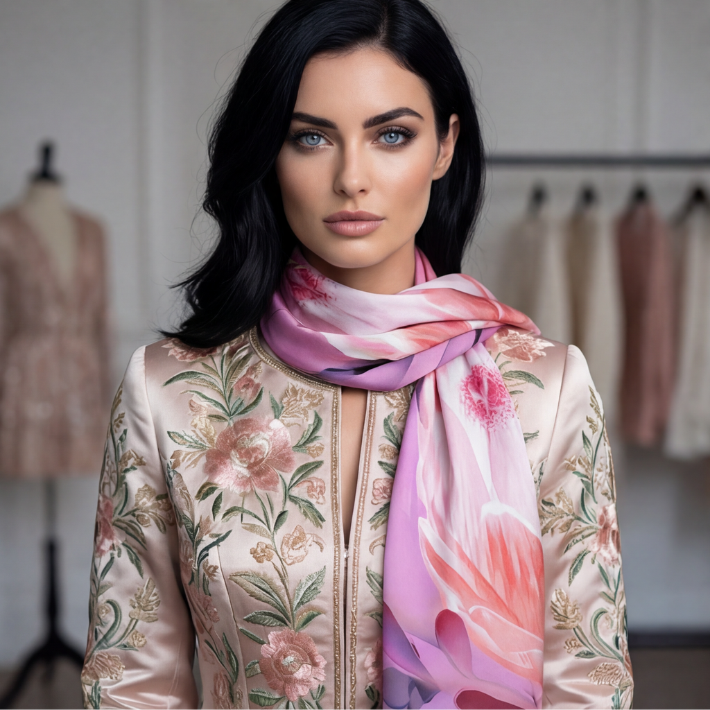 Petrichor Fine Art Limited Edition Pink Susara luxury silk shawl with embossed protea design in 85gsm Mulberry Silk Satin.